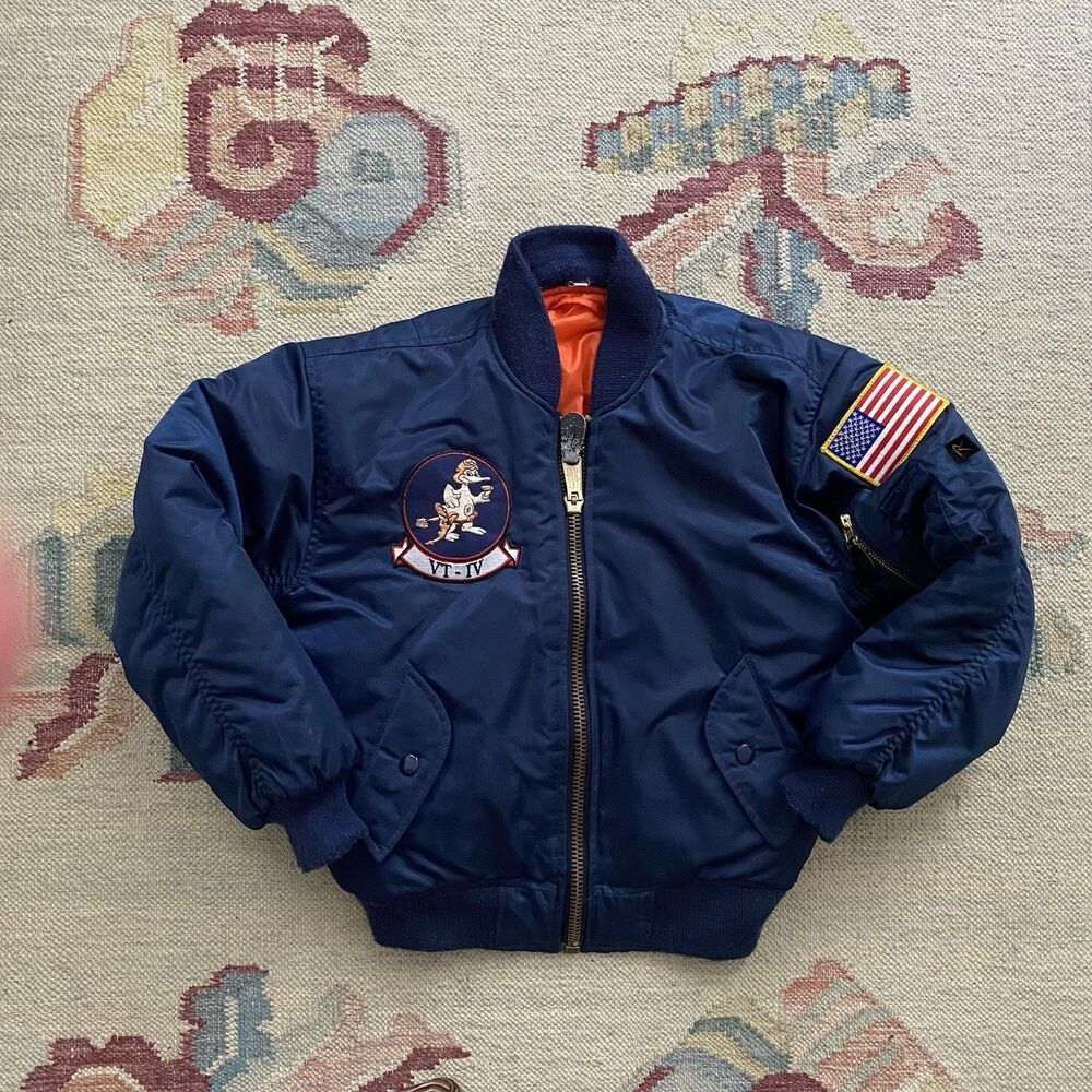 Boys Large Flight Jacket Rothco Navy Blue Flag Patch Military Bomber